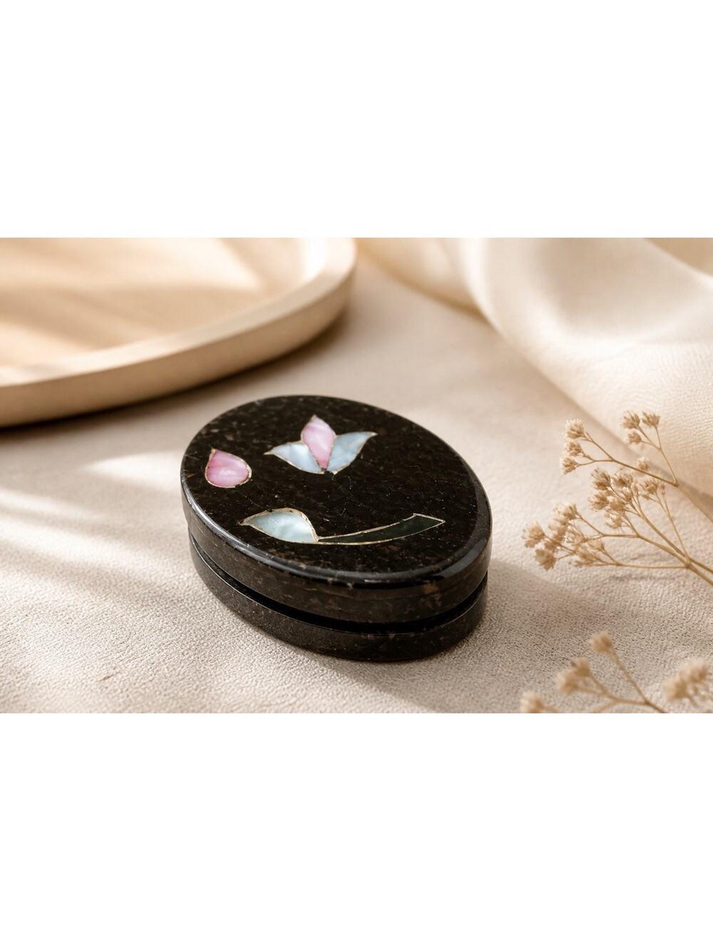 Soapstone Trinket Box Mother of Pearl Blue Pink Inlay Flowers 3x2” Oval